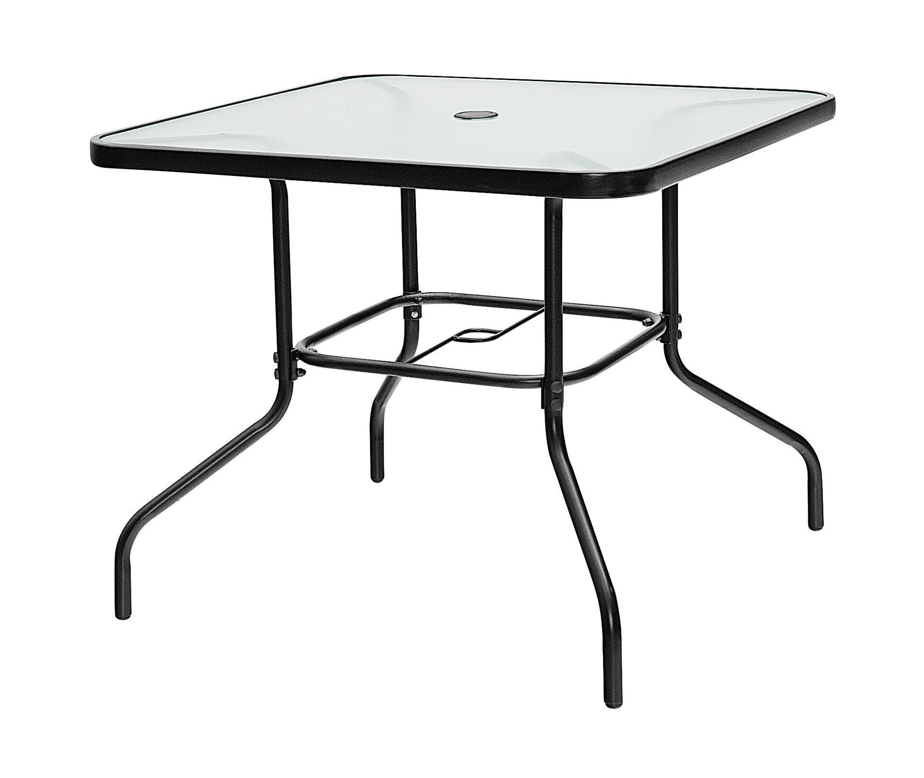 Outdoor Patio Dining Table 35 Inch Square with Tempered Glass Top and Umbrella Hole, Seats 4