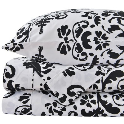 Queen Black and White Damask Microfiber Sheet Set