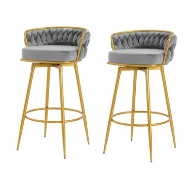 DSVIMOY Counter and Bar Stool Set of 2 Modern Swivel Stools with Hand Woven Backrest and Gold Legs for Kitchen and Dining, Gray, 27"*21.75"*14.5"