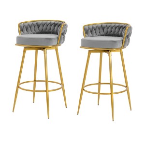 DSVIMOY Counter and Bar Stool Set of 2 Modern Swivel Stools with Hand Woven Backrest and Gold Legs for Kitchen and Dining, Gray, 27"*21.75"*14.5" - 1 of 4