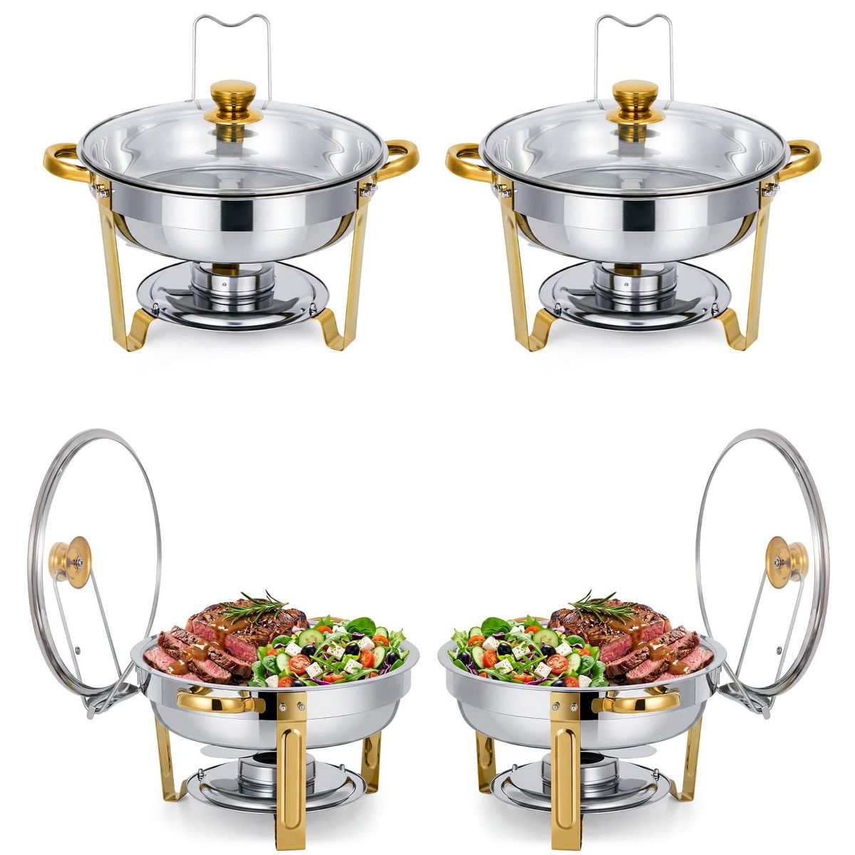 2/4 Pack 6 QT Round Chafing Dish Buffet Set, Stainless Steel Catering Food Warmers Chafer with Lid, Lid Holder and Drip Tray for Parties & Events