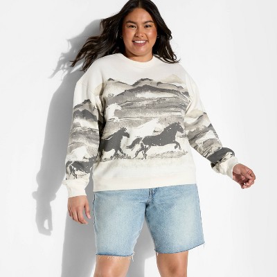 Women's Wild Horses Fleece Graphic Sweatshirt - Cream/Gray
