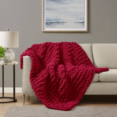 Red Chunky Knit Chenille Handmade Throw Blanket