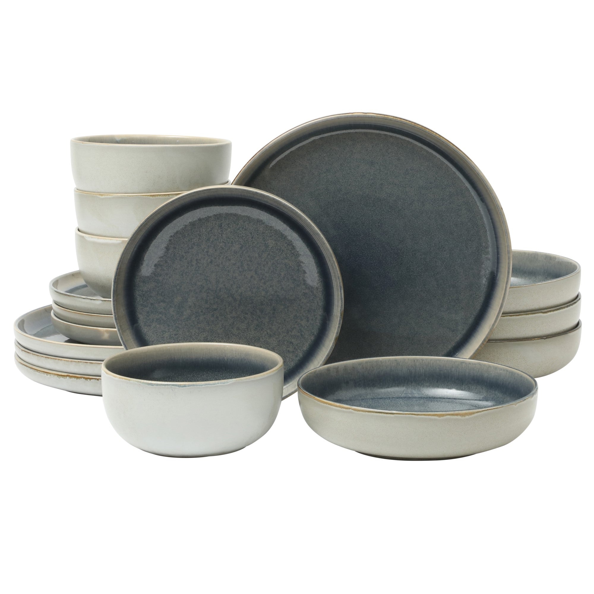 Gibson Elite Sunveil 16 Piece (Service for 4) Plates and Bowls Reactive Glaze Round Dishes Stoneware Ceramic Dinnerware Set Blue