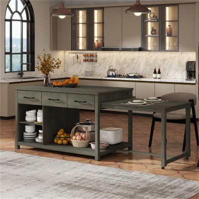 LunaLulinlk Extendable Kitchen Island with Storage, Multi-Functional Kitchen Cart with Built-In Power Outlets(Gray)