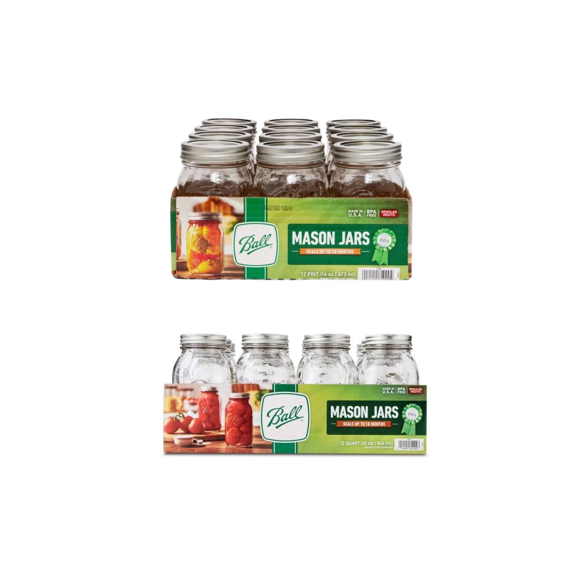 Ball Regular Mouth Glass Mason Jars with Lids and Bands, 12 Pint Size 16 Ounce + 12 Quart Size 32 Ounce (Total 24 Jars) Variety Pack