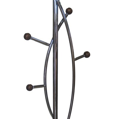 68" Chrome and Walnut Freestanding Metal Coat Rack with 6 Hooks