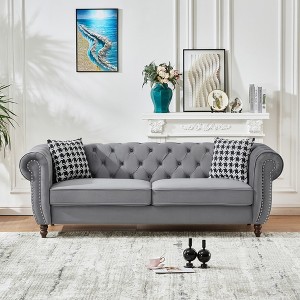 87" Chesterfield Velvet Upholstery Sofa with Roll Armrest & Nailhead, 3-Seater Mid Century Modern Couch for Living Room, Office, Apartment - 1 of 4