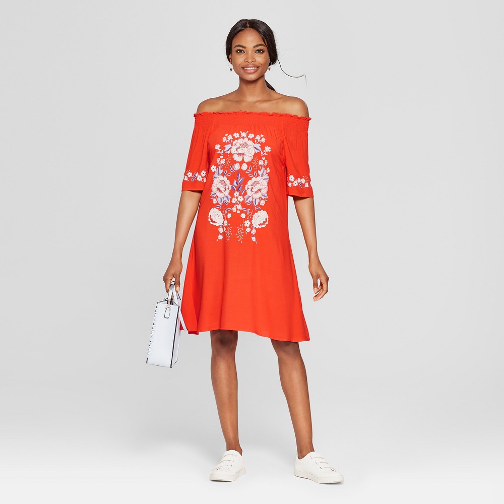 Women's Embroidered Off the Shoulder Dress - 3Hearts (Juniors') Red L, Size: Small was $32.99 now $13.19 (60.0% off)