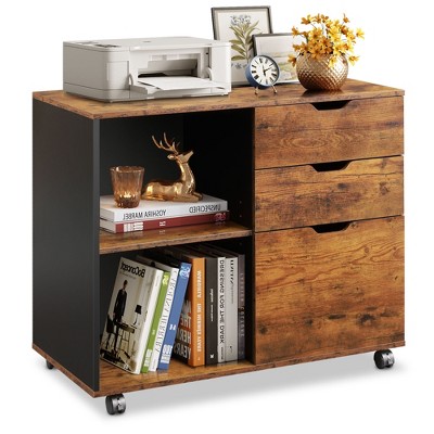 GALAXHERO 3-Drawer Wood Lateral Filing Cabinet, Mobile Printer Stand with Open Storage Shelves for Home Office