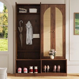 CLIHOME Farmhouse Widen Hall Tree with 4 Rattan Doors, Versatile 4-In-1 Seating Bench with 6 Hooks, Entryway Shoe Cabinet - 1 of 4