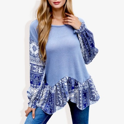 Anna-Kaci Women's Handkerchief Hem Paisley Contrast Waffle Knit Bishop Sleeve Pullover