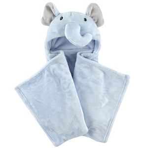 Hudson Baby Infant Boy Hooded Animal Face Plush Blanket, Blue Elephants, One Size - 1 of 2
