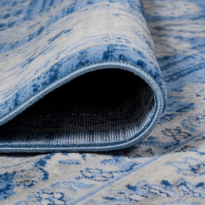 Elegant Vintage Floral 5' Square Blue and Cream Synthetic Area Rug