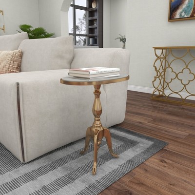 Elegant Round Gray Stone Top End Table with Gold Metal Base