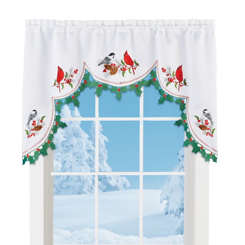 Collections Etc Winter Birds Holly Border Rod Pocket Top Swag Valance 58" WIDE, 1 of 3