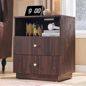 SinCiDo Nightstand w/Charging Station, 21.65" Modern Fluted Bedside Table w/2 Storage Drawers & Open Shelf, Wood End Table for Bedroom - 1 of 4