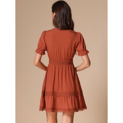 Женские платья INSPIRE CHIC Women's V Neck Smocked Elastic Waist Short Sleeve Boho Crochet Trim Mini Dress Brown Medium — фото 2