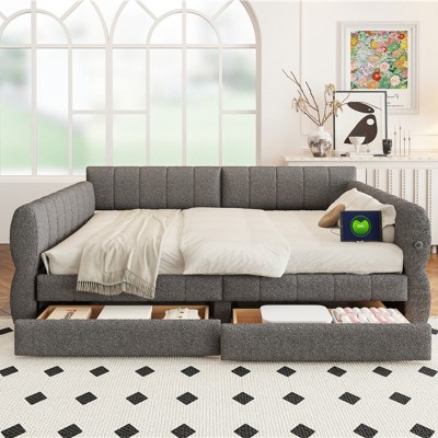 2-Drawer Queen Upholstered Bed Frame with USB Charging Port, Lambswool Fabric and Wood Slats, No Box Spring Needed - Baofuwish