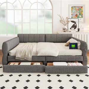 2-Drawer Queen Upholstered Bed Frame with USB Charging Port, Lambswool Fabric and Wood Slats, No Box Spring Needed - Baofuwish - 1 of 4