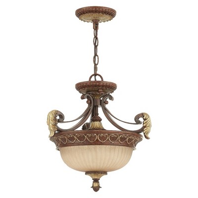 Villa Verona Bronze & Aged Gold Leaf 2-Light Pendant with Rustic Art Glass