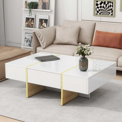 Lirago Rectangular Coffee Table 2 Drawers Golden Wood Grain Legs Multi Storage Modern Center Table Living Room Office Balcony High Gloss Minimalist
