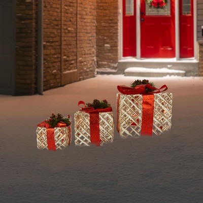 Set of Three Lighted White Glitter Christmas Gift Boxes