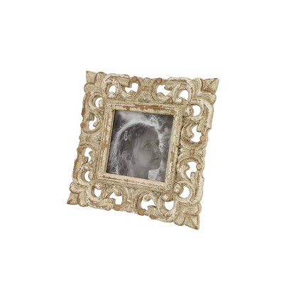 9"x9" Wooden Scroll Handmade Intricate Carved 1 Slot Photo Frame White - Olivia & May: Easel Back, Tabletop Display