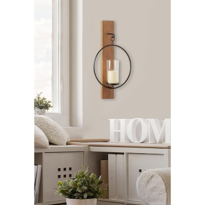 Rustic Brown Wood and Metal Wall Sconce with Glass Cylinder