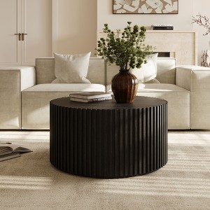 POVISON Fluted Round Coffee Table, Minimalist Wood Coffee Table, Mid Century Modern, Black, Fully Assembled, 31.5" - 1 of 4