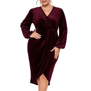 Women's Plus Size Velvet Dress V Neck Long Sleeve Bodycon Ruched Wrap Dress Casual Party Cocktail Dresses - 1 of 4
