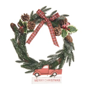 Transpac Artificial 17.72 in. Multicolor Christmas Truck and Checkered Ribbon Wreath - 1 of 4