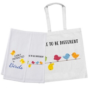 Bird Lover's Gift Set – Tote Bag & 2 Kitchen Flour Sack Towels | 'Dare to Be Different' & 'Easily Distracted by Birds' Designs - 1 of 4