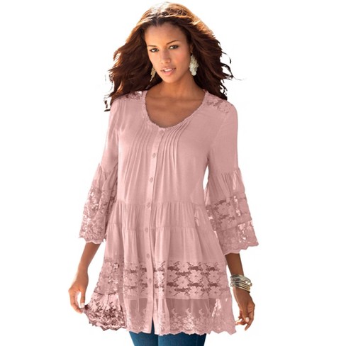 Roaman's Women's Plus Size Illusion Lace Big Shirt - 26 W, Soft Blush ...