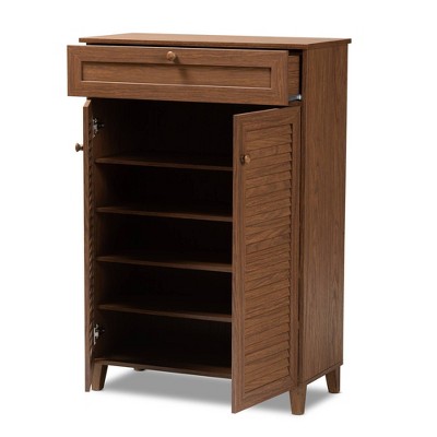 Walnut Finished 5-Shelf Wood Shoe Storage Cabinet with Drawer
