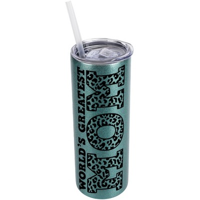 Elanze Designs Leopard Pattern Turquoise Blue 20 Ounce Double Wall Stainless Steel Glitter Travel Tumbler With Sliding Lid And Straw, World's Greatest
