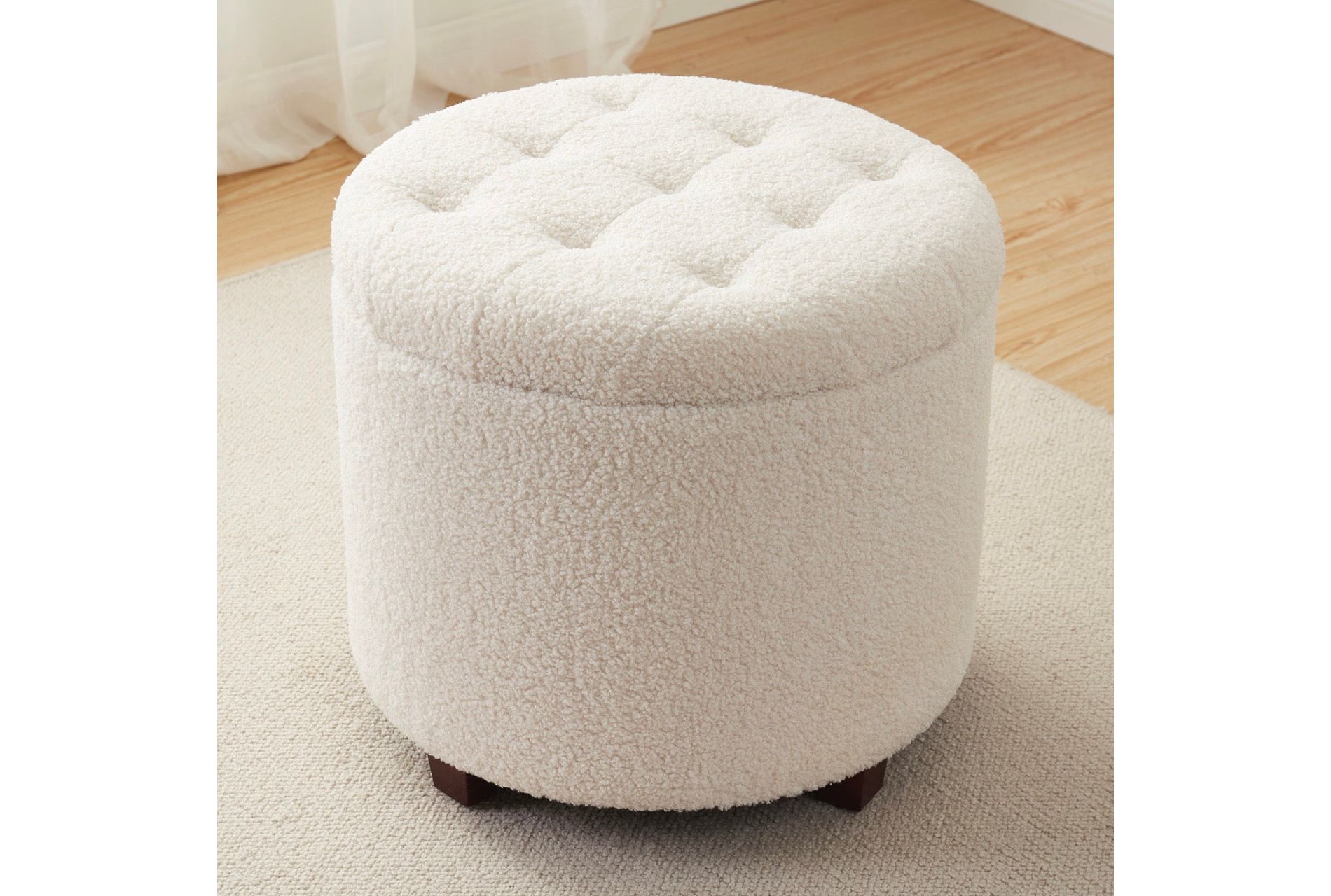 Ornavo Home Donovan Round Tufted Boucle Storage Ottoman - White