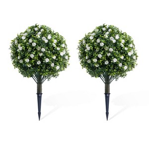 23.6" Artificial Rose Topiary Ball Trees with Ground Spike, UV Resistant Greenery Shrubs with Flowers, Fake Plants with Metal Stakes - 1 of 4