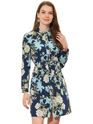 INSPIRE CHIC Women's Lapel Button Down Belted Mini Vintage Polka Dots Floral Shirt Dress