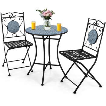 Tangkula 3 PCS Patio Bistro Set Outdoor Patio Furniture Set w/ 1 Mosaic Round Table & 2 Folding Chairs