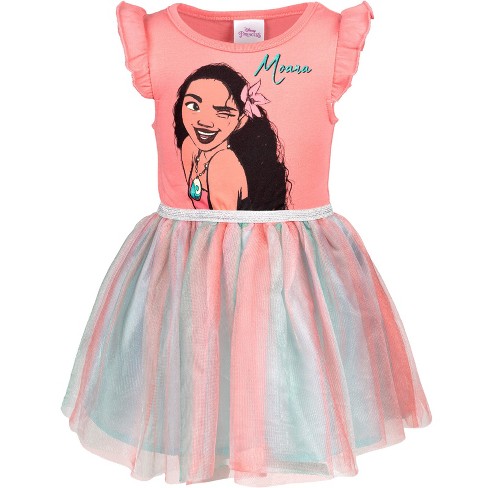 Disney Moana Big Girls Tulle Short Sleeve Dress Pink 10-12 : Target