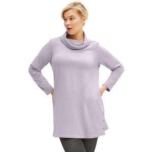ellos Plus Size Side Snap Cowl Neck French Terry Sweatshirt Tunic - 1 of 4