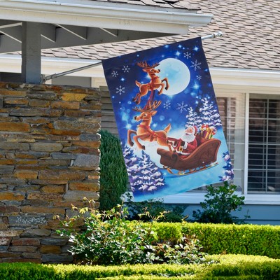 Santa and Reindeer Sleigh Ride Blue Winter Garden Flag