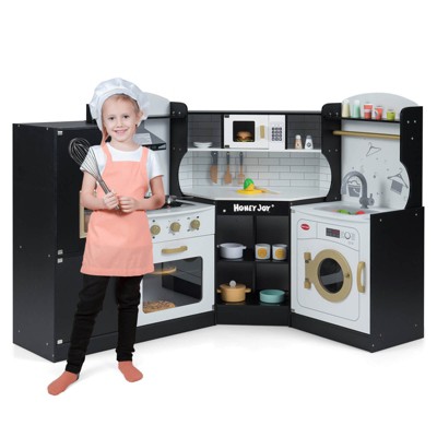 Costway Corner Play Kitchen Toddler Kitchen Playset with Range Hood, Ice Maker, Microwave White/Pink