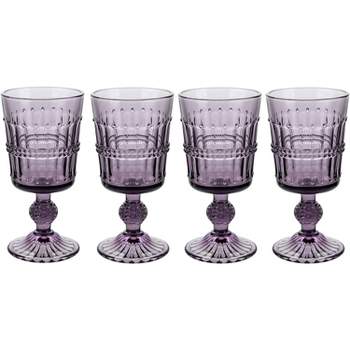 American Atelier Vintage Purple Beaded Wine Glasses Set of 4, 9 oz Wine Goblets Colored Vintage Style Glassware, Water Cups Embossed Design Dishwasher