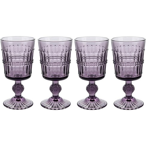 American Atelier Vintage Beaded Wine Glasses Set of 4, 9 oz Wine Goblets  Vintage Style Glassware, Water Cups Embossed Design Dishwasher Safe, Purple