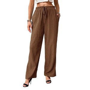 Womens Striped Casual Summer Pants Wide Leg High Rise Plisse Lounge Pants with Pockets Elastic Draw String Slacks - 1 of 4