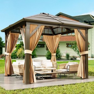 Hardtop Gazebo, Outdoor Polycarbonate Roof Canopy, Heavy Duty Hardtop Pavilion with Netting and Curtains - 1 of 4