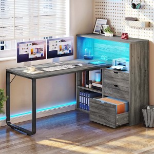 L Shaped Desk Office Desk with 3 Drawers & Power Outlets LED 55in Corner Gaming Computer Table with Adjustable Shelf Gray - 1 of 4