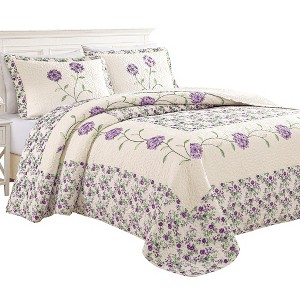 Collections Etc Embroidered Carnation Design Quilted Bedspread - 1 of 4